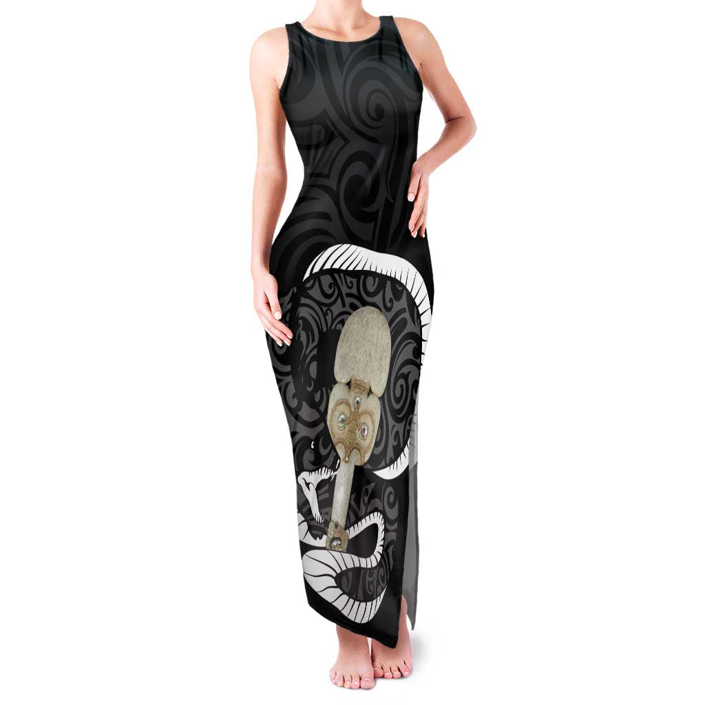 Black New Zealand Eel Family Matching Tank Maxi Dress and Hawaiian Shirt Aotearoa Maori Tuna With Kotiate Weapon LT14 Mom's Dress Black - Polynesian Pride