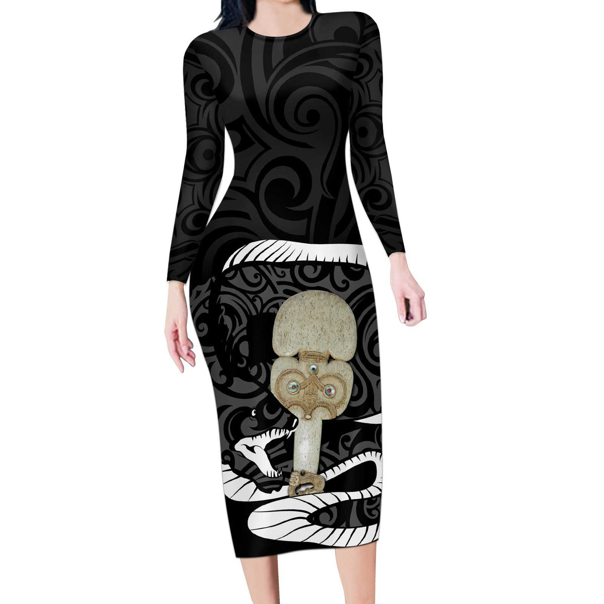 Black New Zealand Eel Long Sleeve Bodycon Dress Aotearoa Maori Tuna With Kotiate Weapon LT14 Long Dress Black - Polynesian Pride