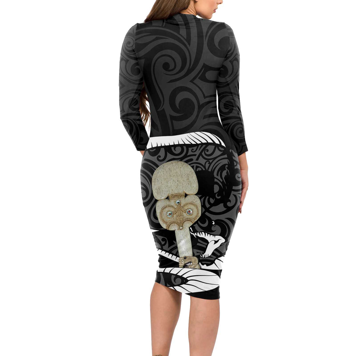 Black New Zealand Eel Long Sleeve Bodycon Dress Aotearoa Maori Tuna With Kotiate Weapon LT14 - Polynesian Pride