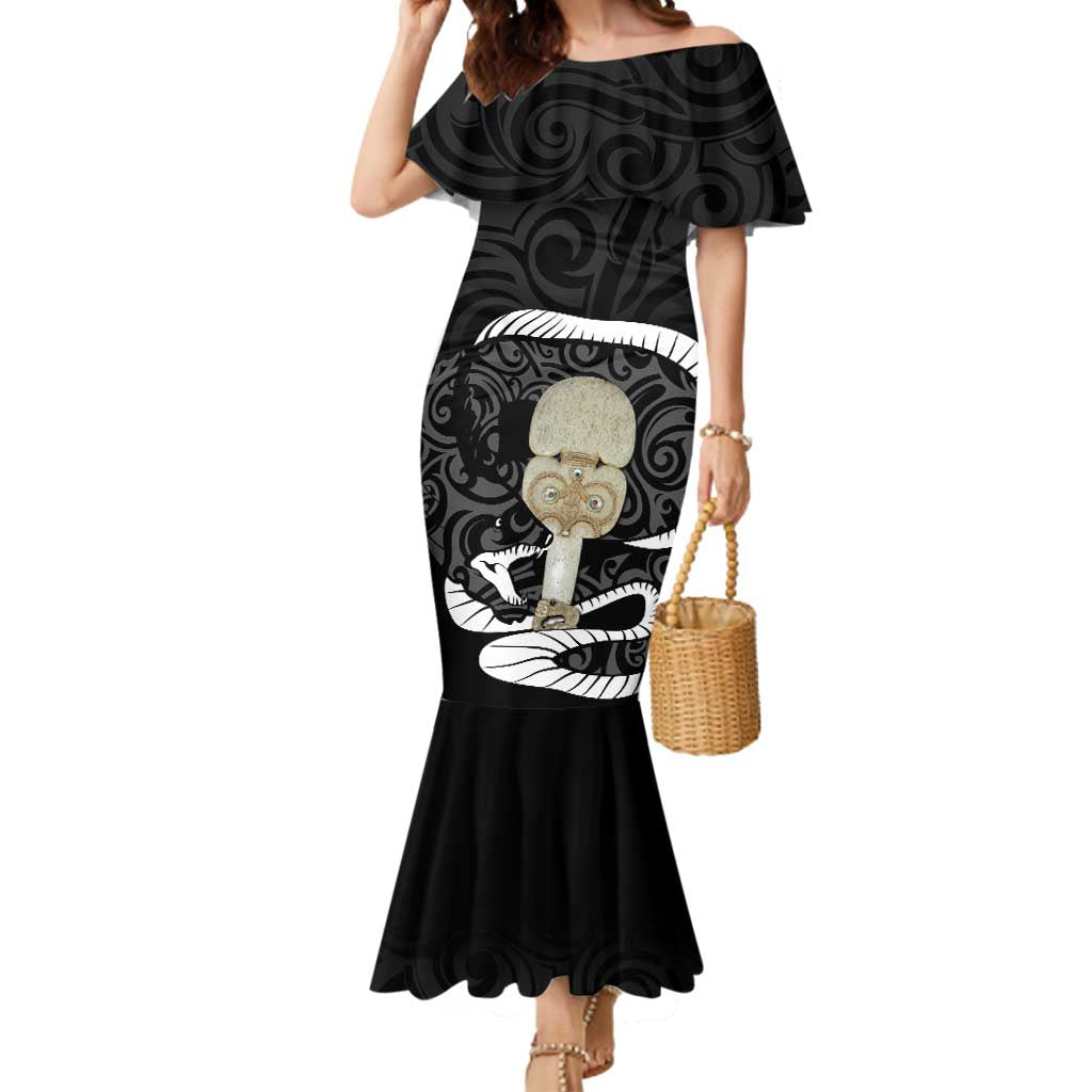 Black New Zealand Eel Mermaid Dress Aotearoa Maori Tuna With Kotiate Weapon LT14 Women Black - Polynesian Pride