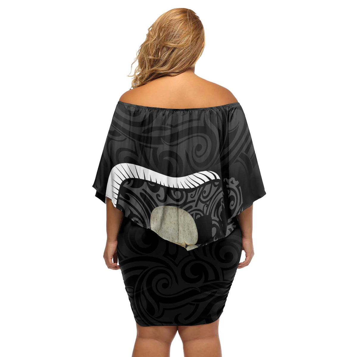 Black New Zealand Eel Off Shoulder Short Dress Aotearoa Maori Tuna With Kotiate Weapon LT14 - Polynesian Pride