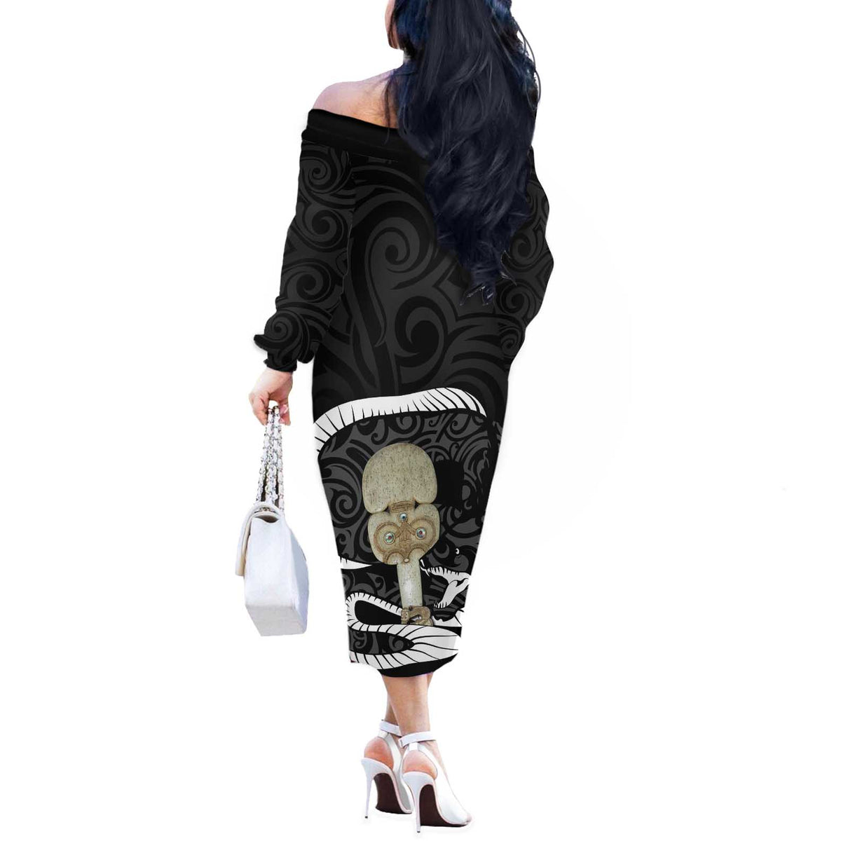 Black New Zealand Eel Off The Shoulder Long Sleeve Dress Aotearoa Maori Tuna With Kotiate Weapon LT14 - Polynesian Pride