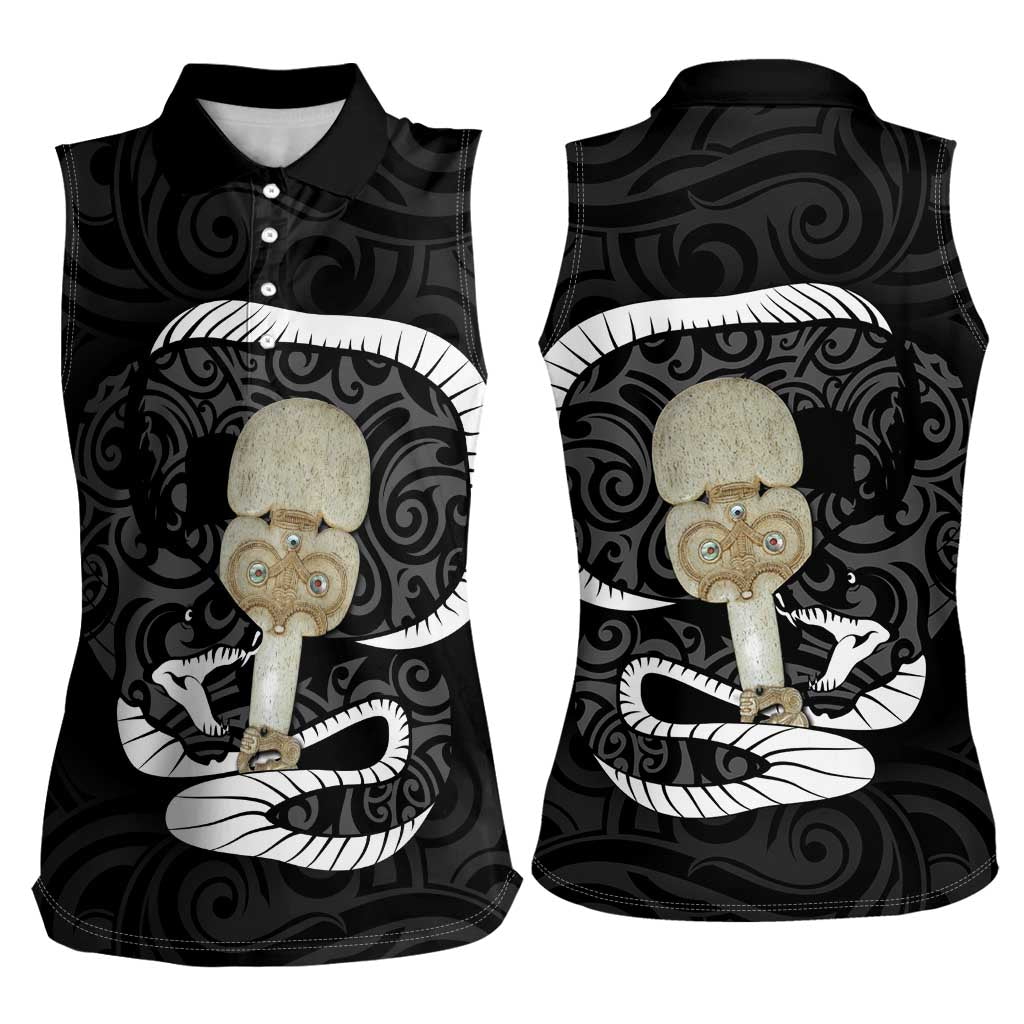 Black New Zealand Eel Women Sleeveless Polo Shirt Aotearoa Maori Tuna With Kotiate Weapon LT14 - Polynesian Pride