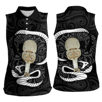 Black New Zealand Eel Women Sleeveless Polo Shirt Aotearoa Maori Tuna With Kotiate Weapon LT14 - Polynesian Pride