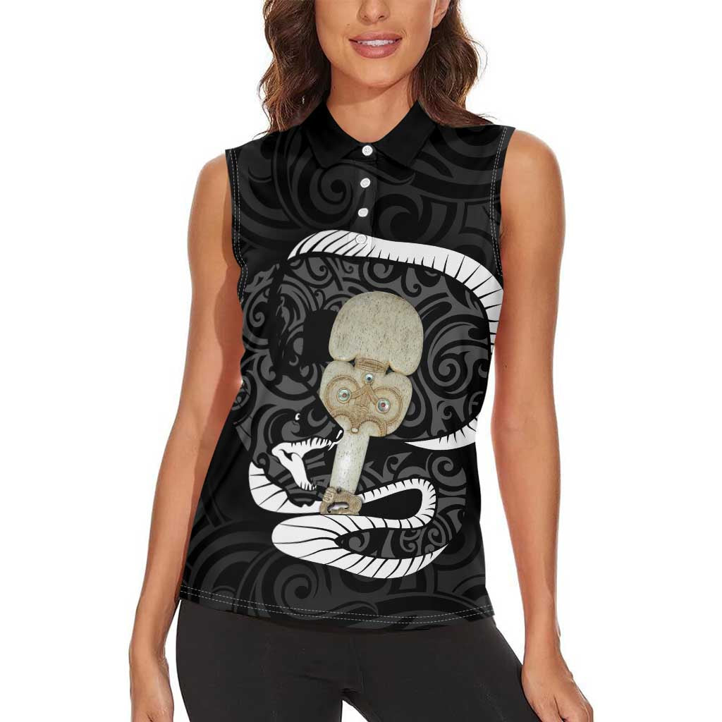 Black New Zealand Eel Women Sleeveless Polo Shirt Aotearoa Maori Tuna With Kotiate Weapon LT14 - Polynesian Pride