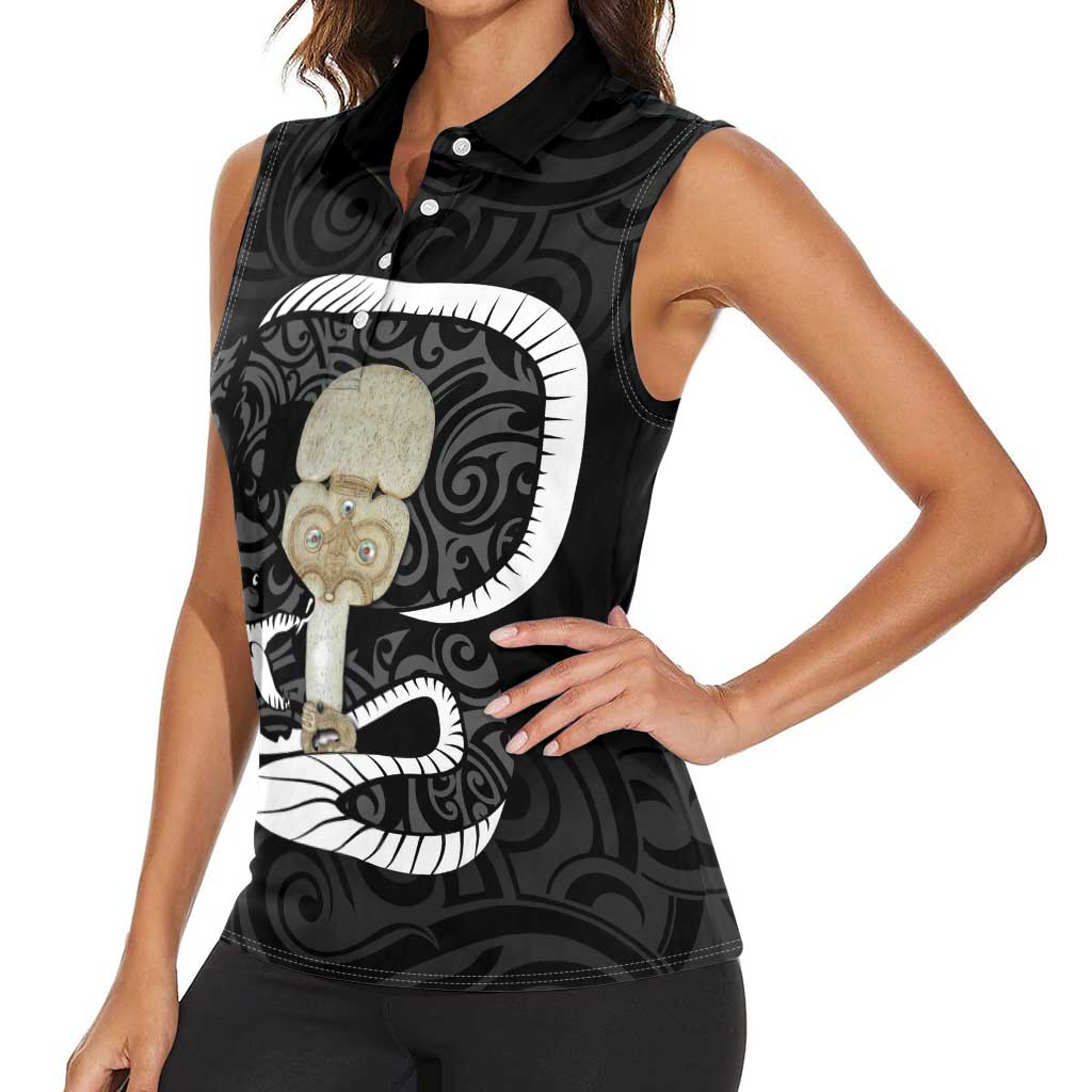 Black New Zealand Eel Women Sleeveless Polo Shirt Aotearoa Maori Tuna With Kotiate Weapon LT14 - Polynesian Pride