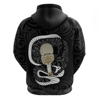 Black New Zealand Eel Zip Hoodie Aotearoa Maori Tuna With Kotiate Weapon