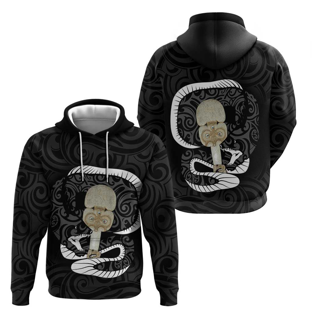 Black New Zealand Eel Zip Hoodie Aotearoa Maori Tuna With Kotiate Weapon