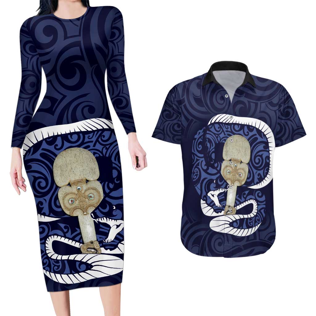 Blue New Zealand Eel Couples Matching Long Sleeve Bodycon Dress and Hawaiian Shirt Aotearoa Maori Tuna With Kotiate Weapon LT14 Blue - Polynesian Pride