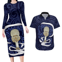 Blue New Zealand Eel Couples Matching Long Sleeve Bodycon Dress and Hawaiian Shirt Aotearoa Maori Tuna With Kotiate Weapon LT14 Blue - Polynesian Pride