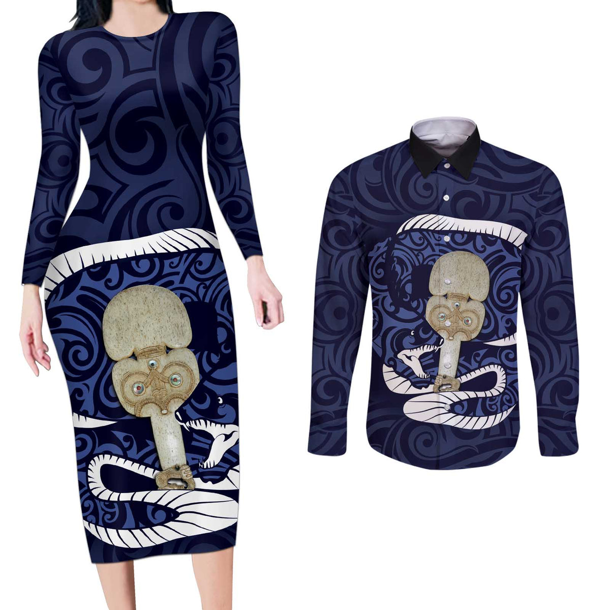 Blue New Zealand Eel Couples Matching Long Sleeve Bodycon Dress and Long Sleeve Button Shirt Aotearoa Maori Tuna With Kotiate Weapon LT14 Blue - Polynesian Pride