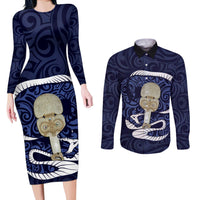 Blue New Zealand Eel Couples Matching Long Sleeve Bodycon Dress and Long Sleeve Button Shirt Aotearoa Maori Tuna With Kotiate Weapon LT14 Blue - Polynesian Pride