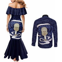 Blue New Zealand Eel Couples Matching Mermaid Dress and Long Sleeve Button Shirt Aotearoa Maori Tuna With Kotiate Weapon LT14 - Polynesian Pride