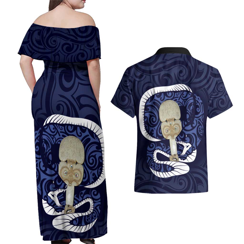 Blue New Zealand Eel Couples Matching Off Shoulder Maxi Dress and Hawaiian Shirt Aotearoa Maori Tuna With Kotiate Weapon LT14 - Polynesian Pride
