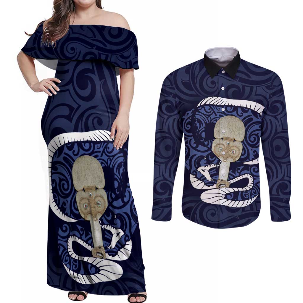 Blue New Zealand Eel Couples Matching Off Shoulder Maxi Dress and Long Sleeve Button Shirt Aotearoa Maori Tuna With Kotiate Weapon LT14 Blue - Polynesian Pride