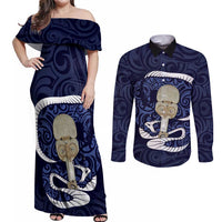 Blue New Zealand Eel Couples Matching Off Shoulder Maxi Dress and Long Sleeve Button Shirt Aotearoa Maori Tuna With Kotiate Weapon LT14 Blue - Polynesian Pride