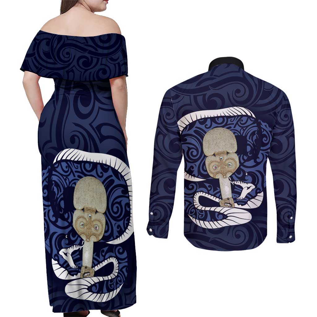 Blue New Zealand Eel Couples Matching Off Shoulder Maxi Dress and Long Sleeve Button Shirt Aotearoa Maori Tuna With Kotiate Weapon LT14 - Polynesian Pride