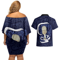 Blue New Zealand Eel Couples Matching Off Shoulder Short Dress and Hawaiian Shirt Aotearoa Maori Tuna With Kotiate Weapon LT14 - Polynesian Pride