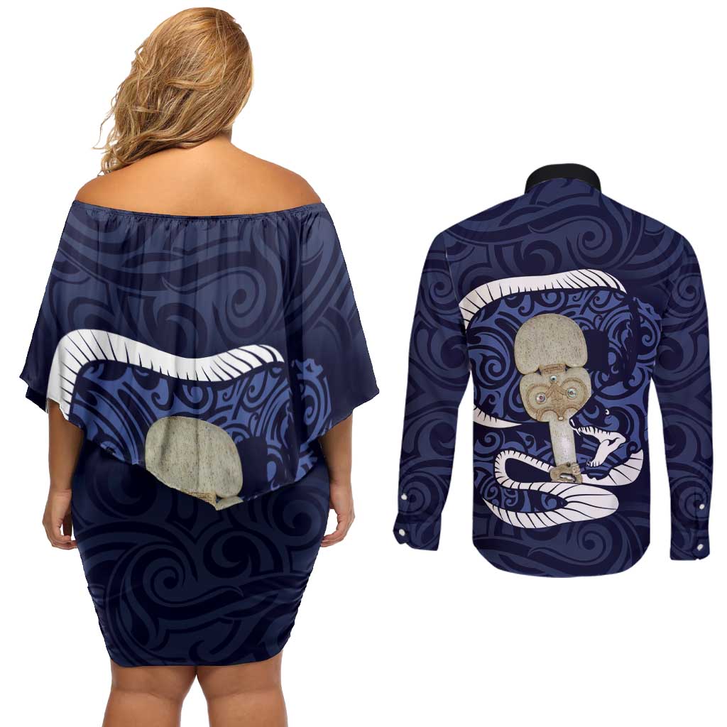 Blue New Zealand Eel Couples Matching Off Shoulder Short Dress and Long Sleeve Button Shirt Aotearoa Maori Tuna With Kotiate Weapon LT14 - Polynesian Pride