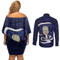 Blue New Zealand Eel Couples Matching Off Shoulder Short Dress and Long Sleeve Button Shirt Aotearoa Maori Tuna With Kotiate Weapon LT14 - Polynesian Pride