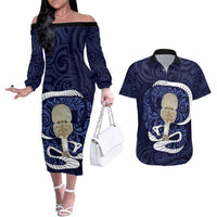 Blue New Zealand Eel Couples Matching Off The Shoulder Long Sleeve Dress and Hawaiian Shirt Aotearoa Maori Tuna With Kotiate Weapon LT14 Blue - Polynesian Pride