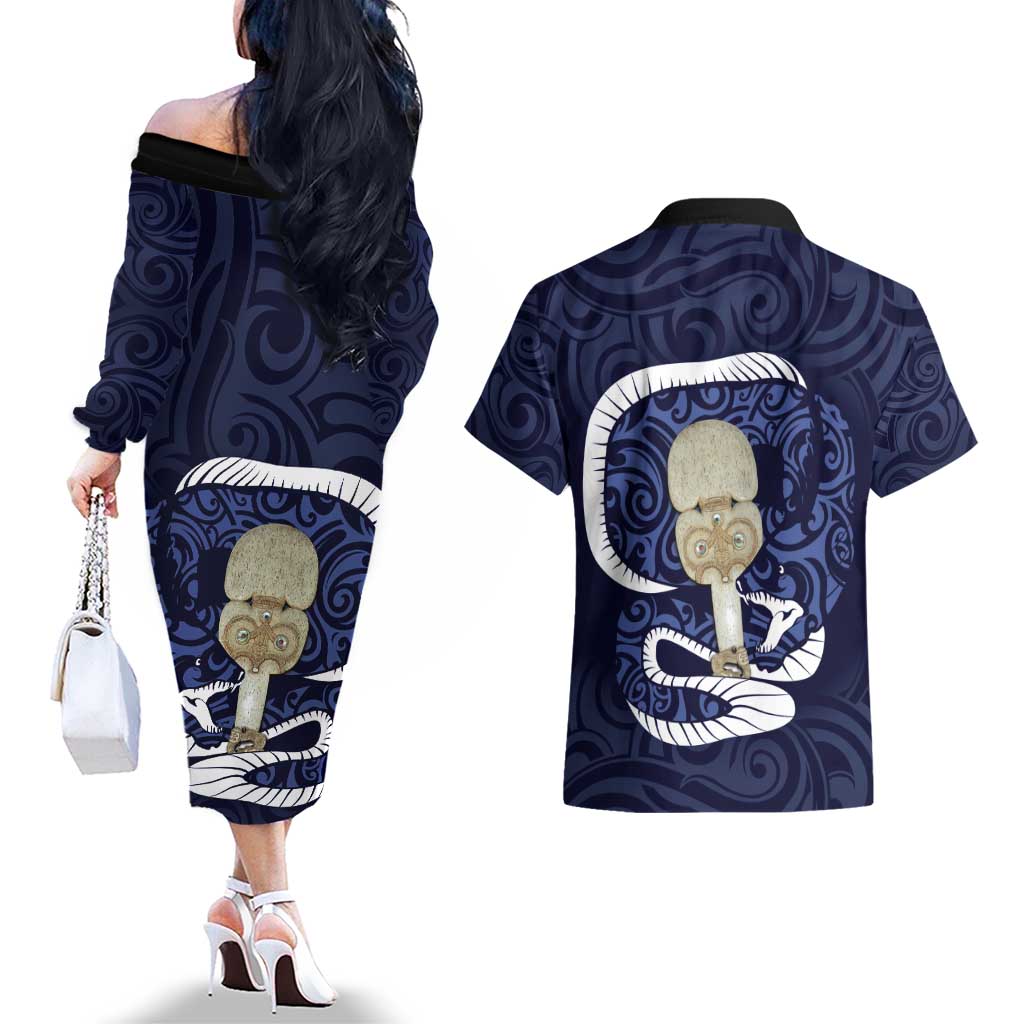 Blue New Zealand Eel Couples Matching Off The Shoulder Long Sleeve Dress and Hawaiian Shirt Aotearoa Maori Tuna With Kotiate Weapon LT14 - Polynesian Pride