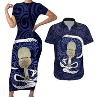 Blue New Zealand Eel Couples Matching Short Sleeve Bodycon Dress and Hawaiian Shirt Aotearoa Maori Tuna With Kotiate Weapon LT14 Blue - Polynesian Pride