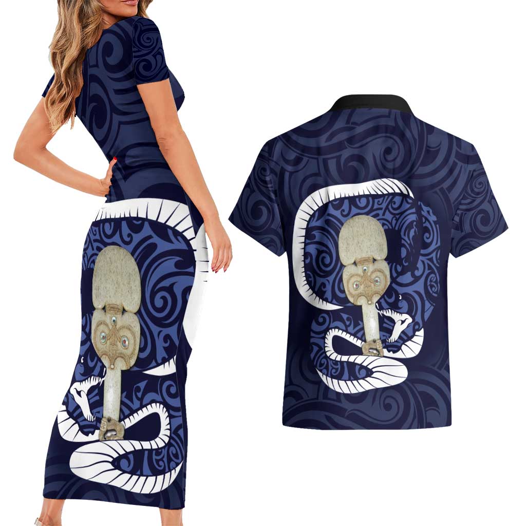 Blue New Zealand Eel Couples Matching Short Sleeve Bodycon Dress and Hawaiian Shirt Aotearoa Maori Tuna With Kotiate Weapon LT14 - Polynesian Pride
