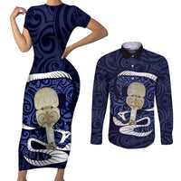 Blue New Zealand Eel Couples Matching Short Sleeve Bodycon Dress and Long Sleeve Button Shirt Aotearoa Maori Tuna With Kotiate Weapon LT14 Blue - Polynesian Pride