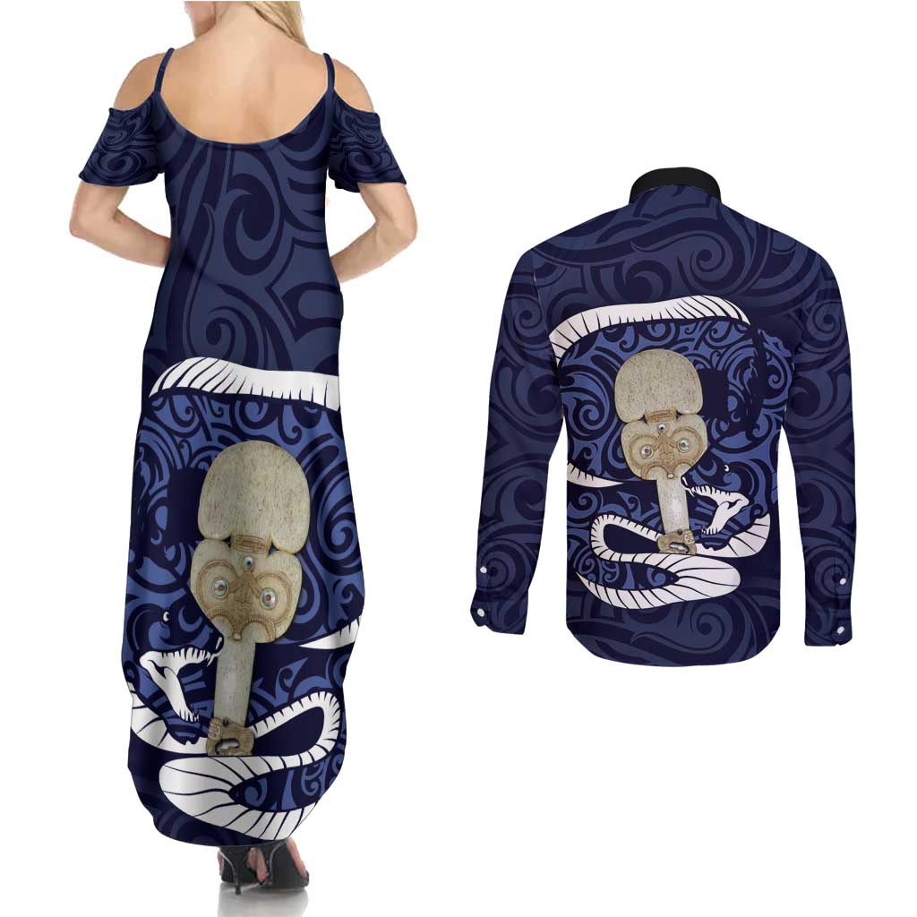 Blue New Zealand Eel Couples Matching Summer Maxi Dress and Long Sleeve Button Shirt Aotearoa Maori Tuna With Kotiate Weapon LT14 - Polynesian Pride