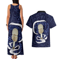 Blue New Zealand Eel Couples Matching Tank Maxi Dress and Hawaiian Shirt Aotearoa Maori Tuna With Kotiate Weapon LT14 - Polynesian Pride