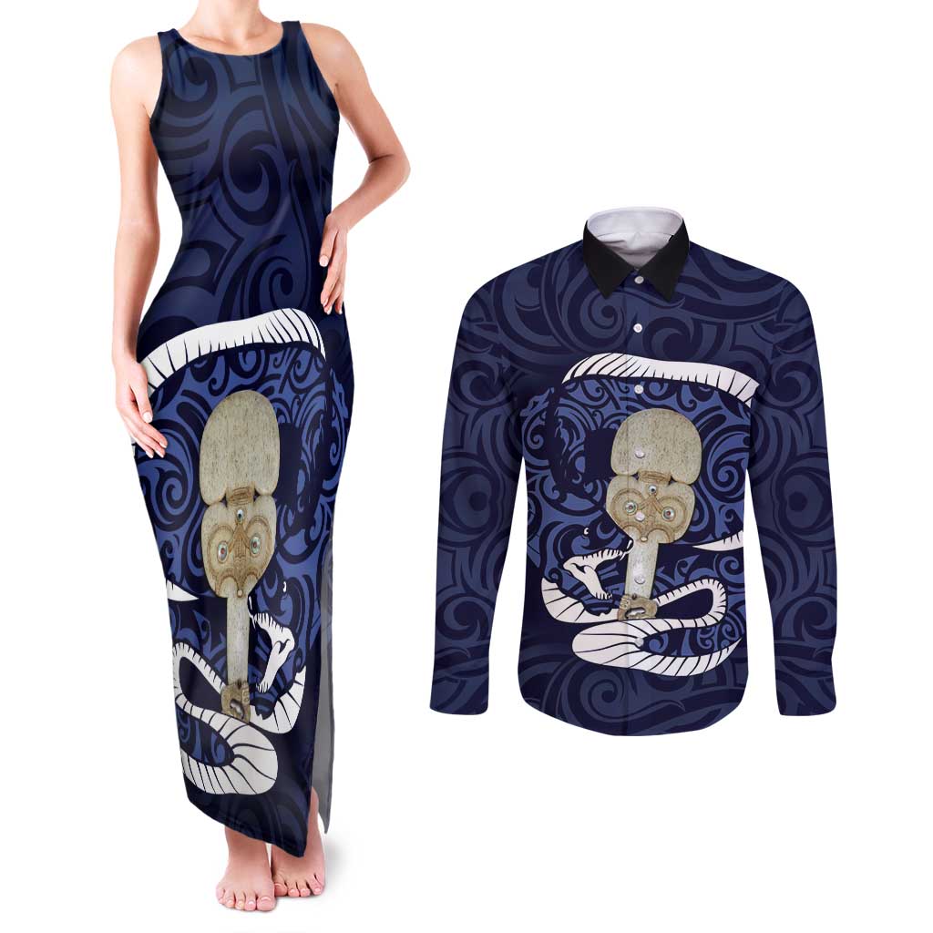 Blue New Zealand Eel Couples Matching Tank Maxi Dress and Long Sleeve Button Shirt Aotearoa Maori Tuna With Kotiate Weapon LT14 Blue - Polynesian Pride