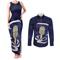 Blue New Zealand Eel Couples Matching Tank Maxi Dress and Long Sleeve Button Shirt Aotearoa Maori Tuna With Kotiate Weapon LT14 Blue - Polynesian Pride