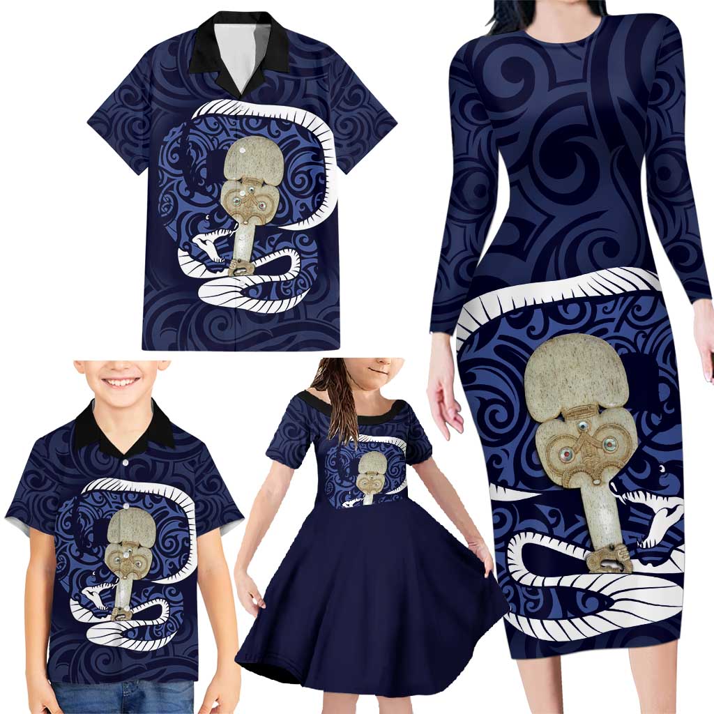 Blue New Zealand Eel Family Matching Long Sleeve Bodycon Dress and Hawaiian Shirt Aotearoa Maori Tuna With Kotiate Weapon LT14 - Polynesian Pride