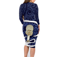 Blue New Zealand Eel Family Matching Long Sleeve Bodycon Dress and Hawaiian Shirt Aotearoa Maori Tuna With Kotiate Weapon LT14 - Polynesian Pride
