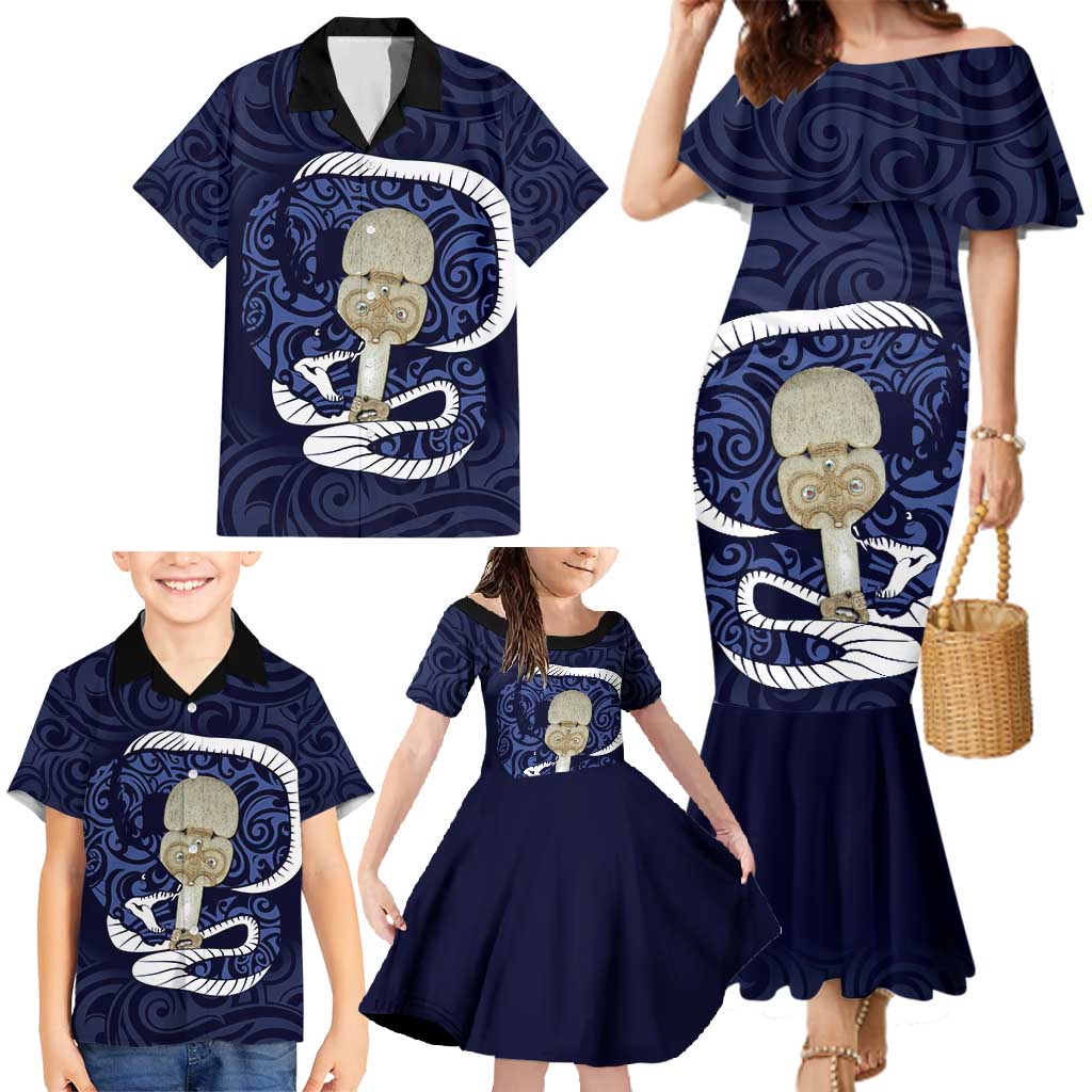 Blue New Zealand Eel Family Matching Mermaid Dress and Hawaiian Shirt Aotearoa Maori Tuna With Kotiate Weapon LT14 - Polynesian Pride