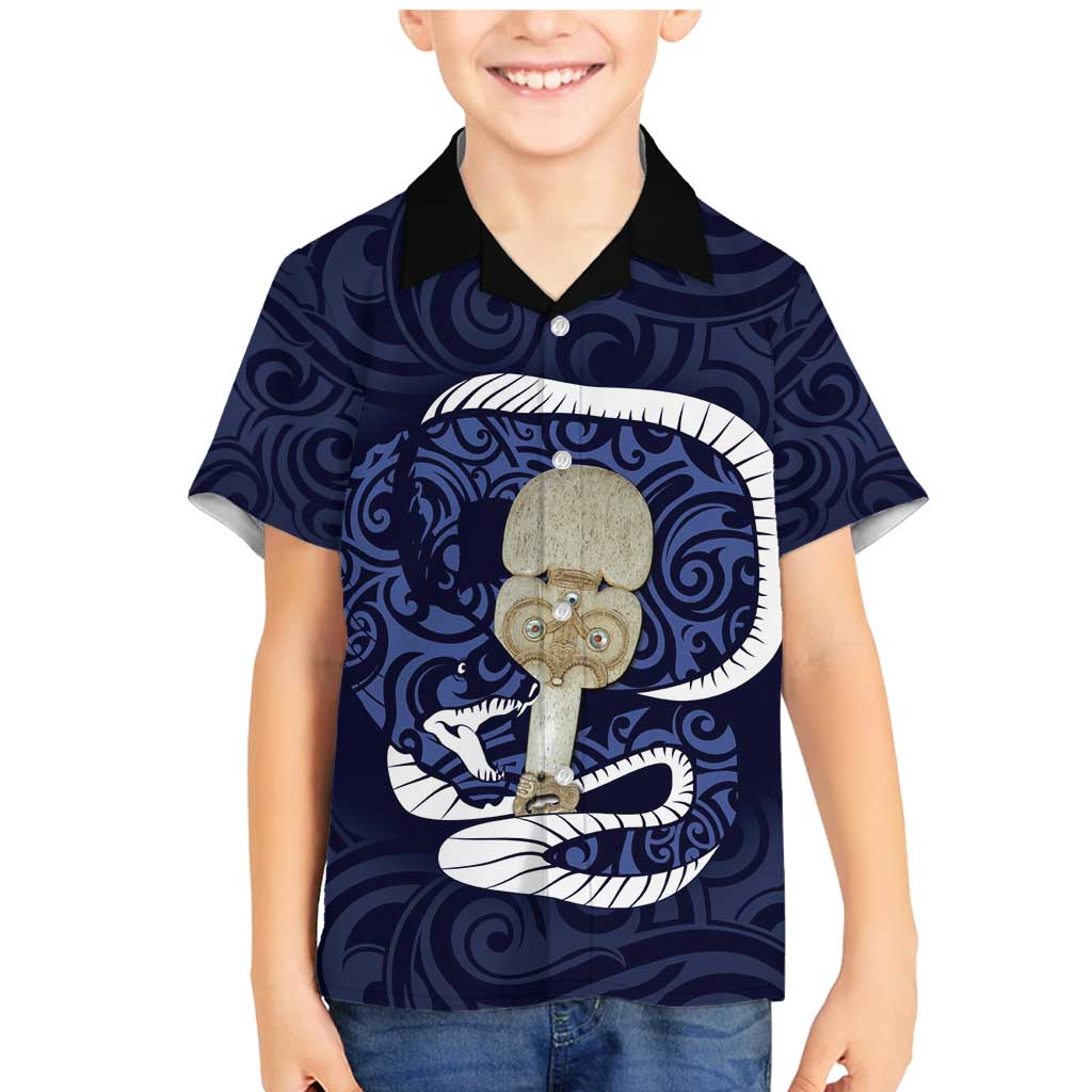 Blue New Zealand Eel Family Matching Mermaid Dress and Hawaiian Shirt Aotearoa Maori Tuna With Kotiate Weapon LT14 Son's Shirt Blue - Polynesian Pride