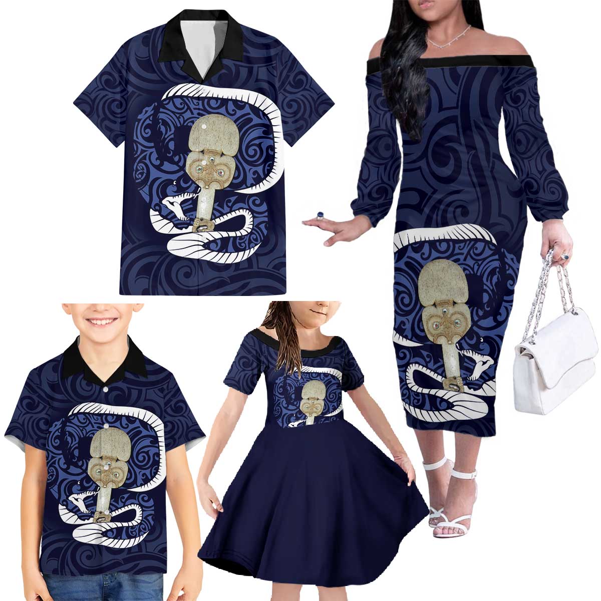 Blue New Zealand Eel Family Matching Off The Shoulder Long Sleeve Dress and Hawaiian Shirt Aotearoa Maori Tuna With Kotiate Weapon LT14 - Polynesian Pride