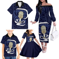 Blue New Zealand Eel Family Matching Off The Shoulder Long Sleeve Dress and Hawaiian Shirt Aotearoa Maori Tuna With Kotiate Weapon LT14 - Polynesian Pride