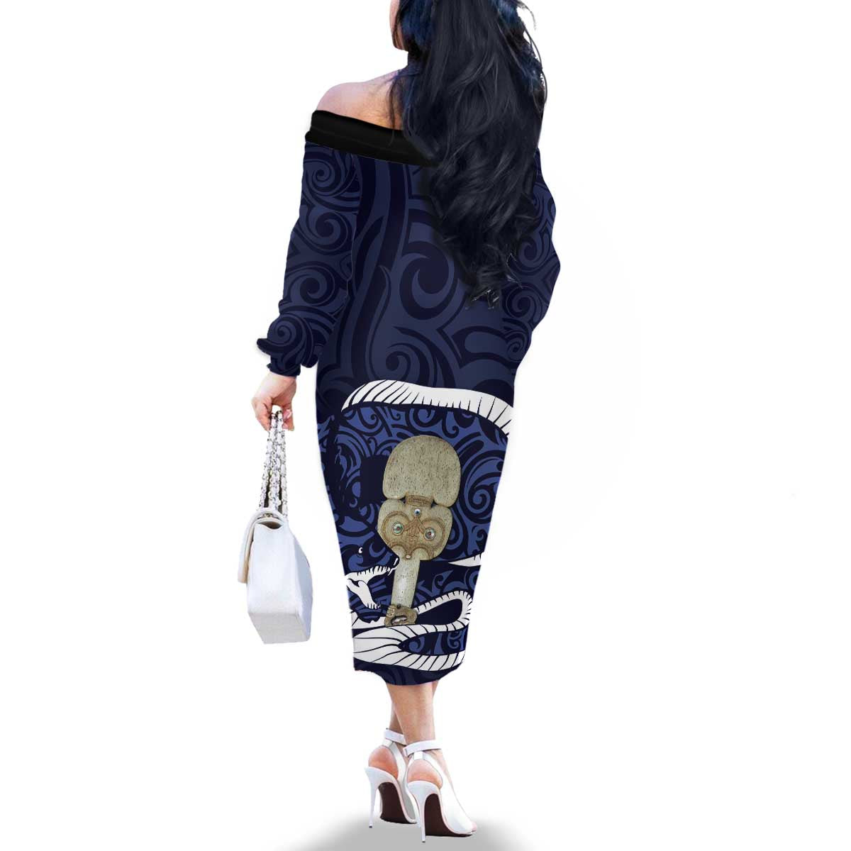Blue New Zealand Eel Family Matching Off The Shoulder Long Sleeve Dress and Hawaiian Shirt Aotearoa Maori Tuna With Kotiate Weapon LT14 - Polynesian Pride