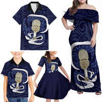 Blue New Zealand Eel Family Matching Off Shoulder Maxi Dress and Hawaiian Shirt Aotearoa Maori Tuna With Kotiate Weapon LT14 - Polynesian Pride
