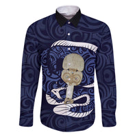 Blue New Zealand Eel Family Matching Off Shoulder Short Dress and Hawaiian Shirt Aotearoa Maori Tuna With Kotiate Weapon LT14 Dad's Shirt - Long Sleeve Blue - Polynesian Pride