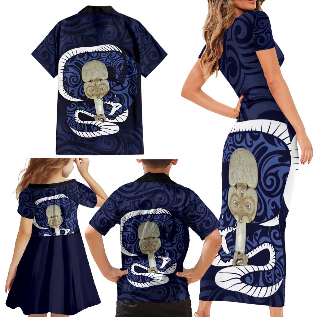 Blue New Zealand Eel Family Matching Short Sleeve Bodycon Dress and Hawaiian Shirt Aotearoa Maori Tuna With Kotiate Weapon LT14 - Polynesian Pride