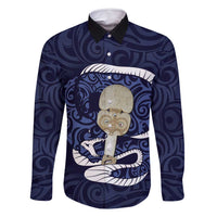 Blue New Zealand Eel Family Matching Summer Maxi Dress and Hawaiian Shirt Aotearoa Maori Tuna With Kotiate Weapon LT14 Dad's Shirt - Long Sleeve Blue - Polynesian Pride
