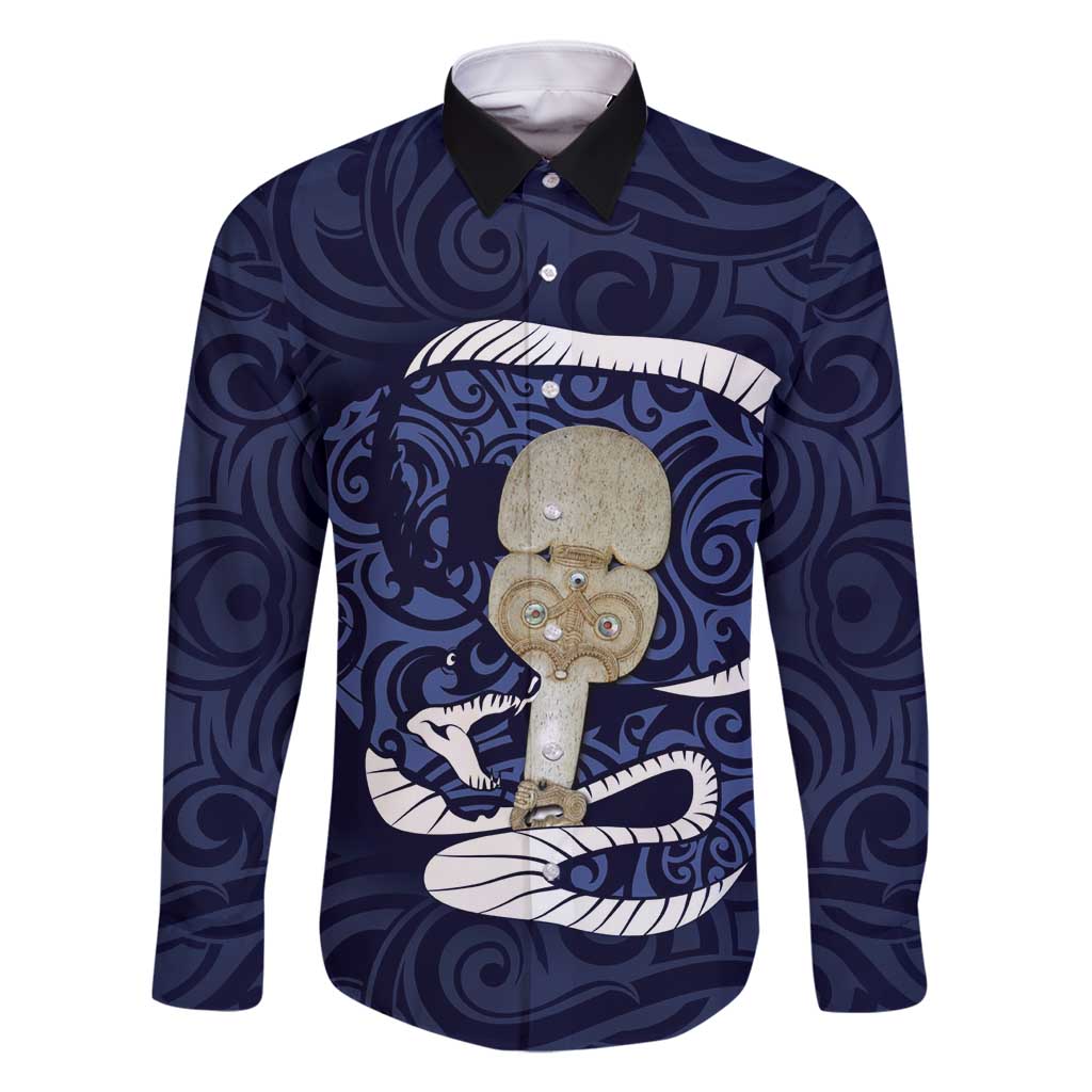 Blue New Zealand Eel Family Matching Tank Maxi Dress and Hawaiian Shirt Aotearoa Maori Tuna With Kotiate Weapon LT14 Dad's Shirt - Long Sleeve Blue - Polynesian Pride