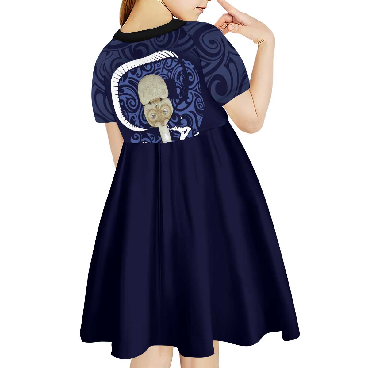 Blue New Zealand Eel Kid Short Sleeve Dress Aotearoa Maori Tuna With Kotiate Weapon LT14 - Polynesian Pride