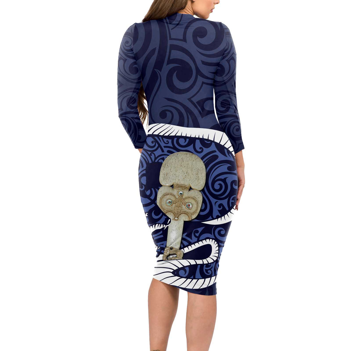 Blue New Zealand Eel Long Sleeve Bodycon Dress Aotearoa Maori Tuna With Kotiate Weapon LT14 - Polynesian Pride