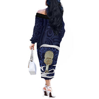 Blue New Zealand Eel Off The Shoulder Long Sleeve Dress Aotearoa Maori Tuna With Kotiate Weapon LT14 - Polynesian Pride