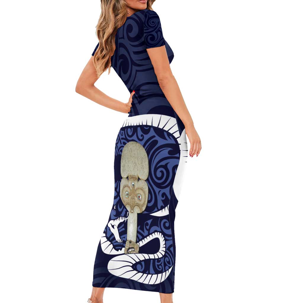 Blue New Zealand Eel Short Sleeve Bodycon Dress Aotearoa Maori Tuna With Kotiate Weapon LT14 - Polynesian Pride