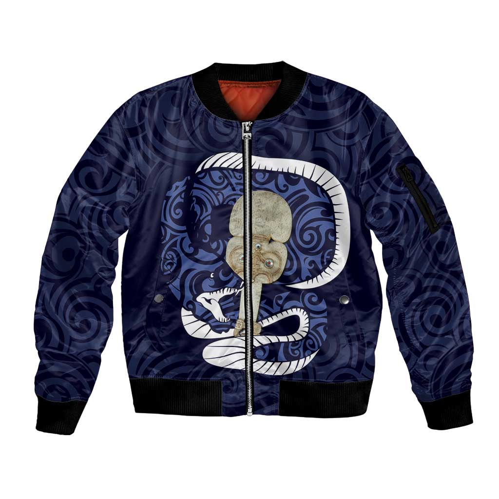 Blue New Zealand Eel Sleeve Zip Bomber Jacket Aotearoa Maori Tuna With Kotiate Weapon LT14 Unisex Blue - Polynesian Pride